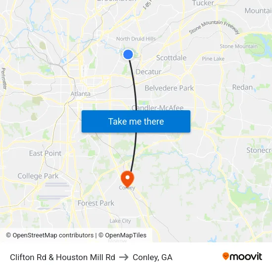 Clifton Rd & Houston Mill Rd to Conley, GA map