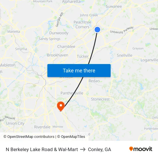 N Berkeley Lake Road & Wal-Mart to Conley, GA map
