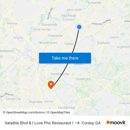 Satellite Blvd & I Love Pho Restaurant I to Conley, GA map