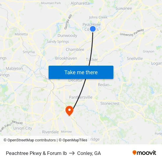 Peachtree Pkwy & Forum Ib to Conley, GA map