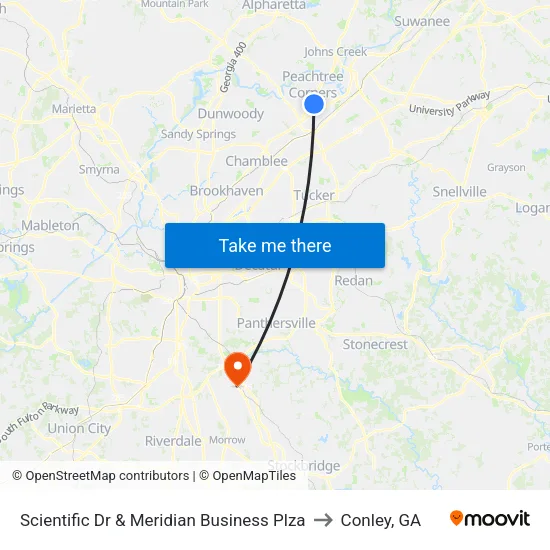 Scientific Dr & Meridian Business Plza to Conley, GA map