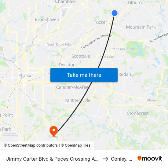 Jimmy Carter Blvd & Paces Crossing Apts to Conley, GA map