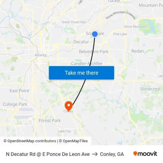 N Decatur Rd @ E Ponce De Leon Ave to Conley, GA map
