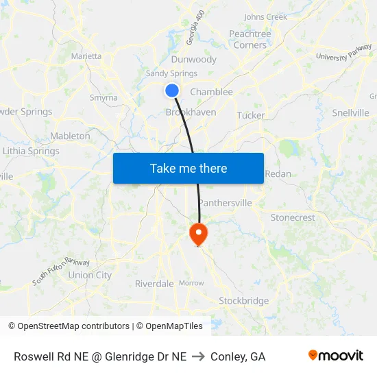 Roswell Rd NE @ Glenridge Dr NE to Conley, GA map