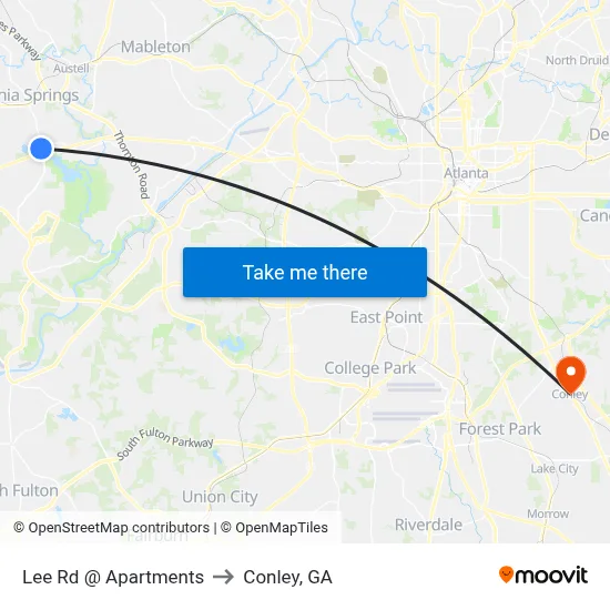 Lee Rd @ Apartments to Conley, GA map