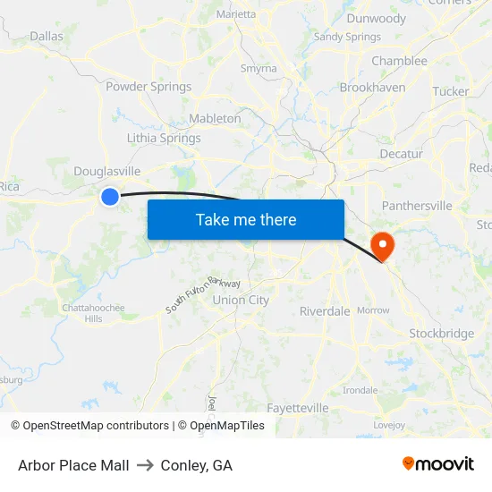 Arbor Place Mall to Conley, GA map