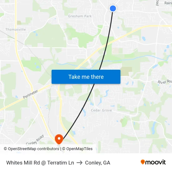 Whites Mill Rd @ Terratim Ln to Conley, GA map