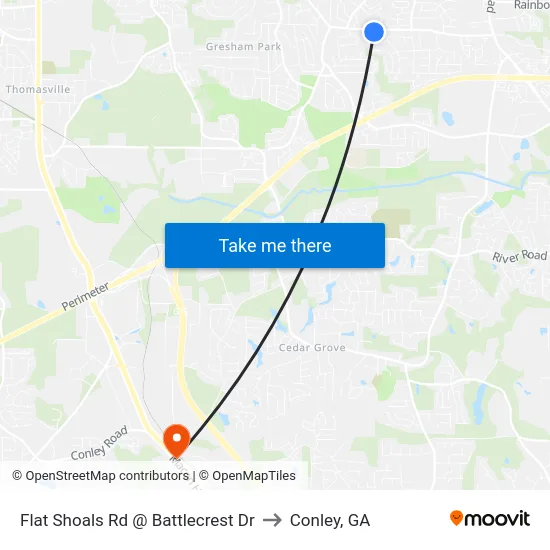 Flat Shoals Rd @ Battlecrest Dr to Conley, GA map