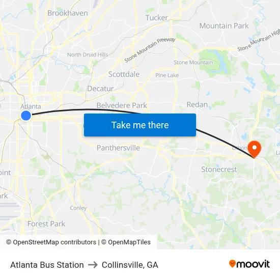 Atlanta Bus Station to Collinsville, GA map