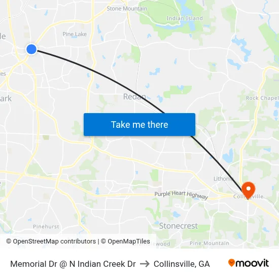 Memorial Dr @ N Indian Creek Dr to Collinsville, GA map