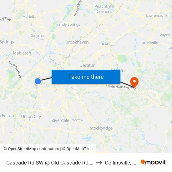Cascade Rd SW @ Old Cascade Rd SW to Collinsville, GA map