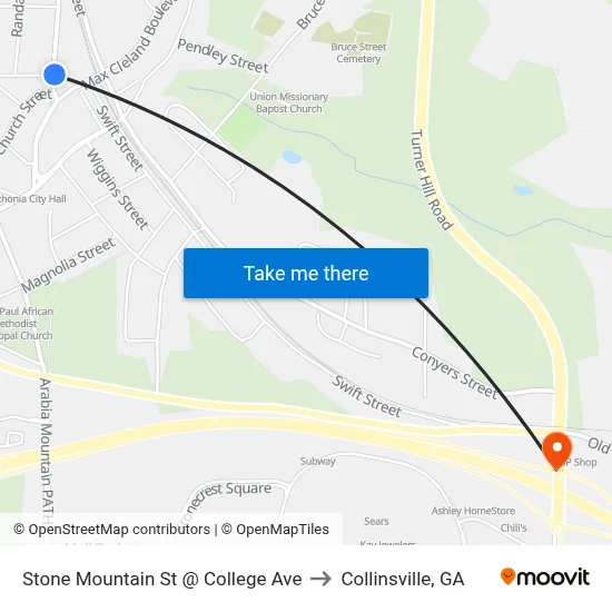 Stone Mountain St @ College Ave to Collinsville, GA map