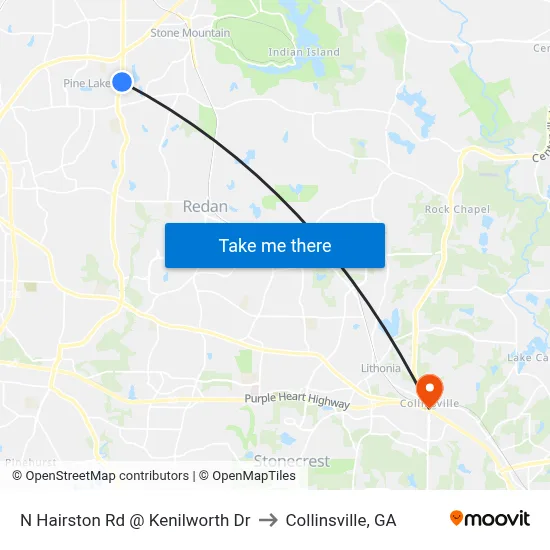 N Hairston Rd @ Kenilworth Dr to Collinsville, GA map