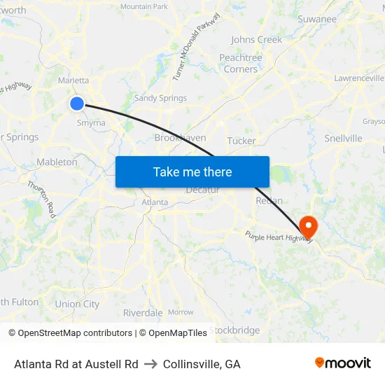 Atlanta Rd at Austell Rd to Collinsville, GA map