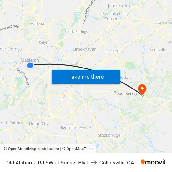Old Alabama Rd SW at Sunset Blvd to Collinsville, GA map