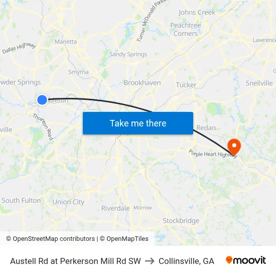 Austell Rd at Perkerson Mill Rd SW to Collinsville, GA map