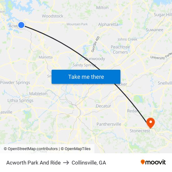 Acworth Park And Ride to Collinsville, GA map