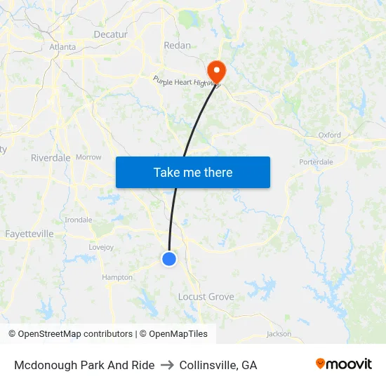 Mcdonough Park And Ride to Collinsville, GA map