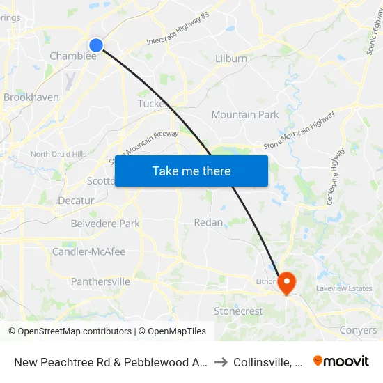 New Peachtree Rd & Pebblewood Apts to Collinsville, GA map
