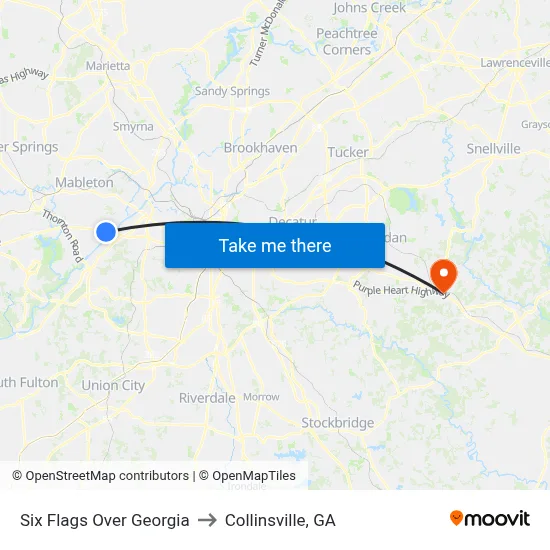Six Flags Over Georgia to Collinsville, GA map
