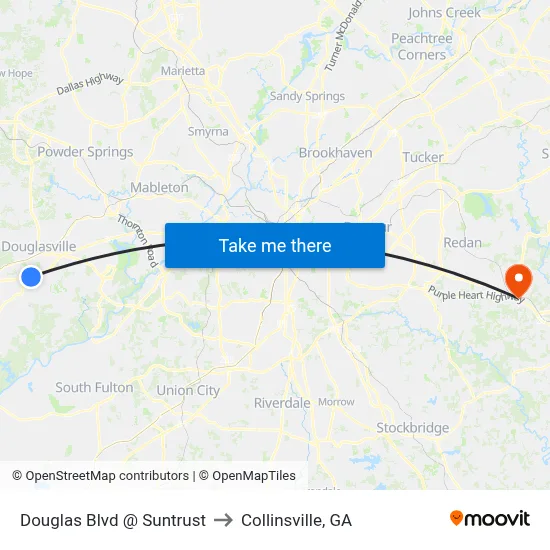 Douglas Blvd @ Suntrust to Collinsville, GA map