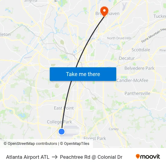 Atlanta Airport ATL to Peachtree Rd @ Colonial Dr map