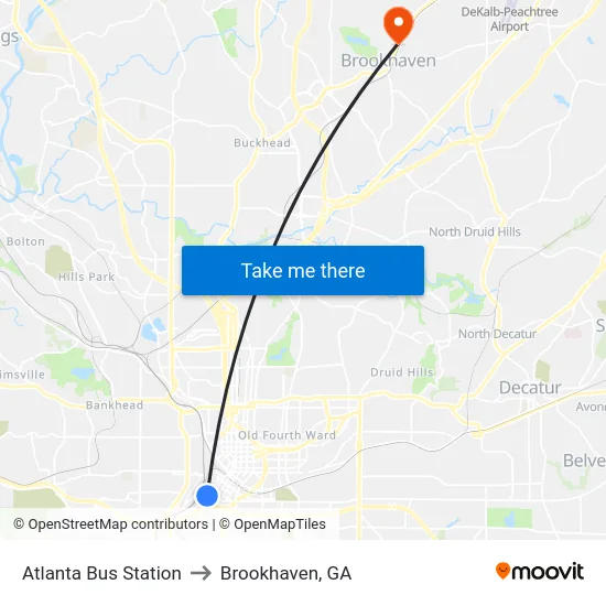 Atlanta Bus Station to Brookhaven, GA map