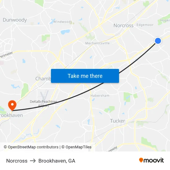 Norcross to Brookhaven, GA map
