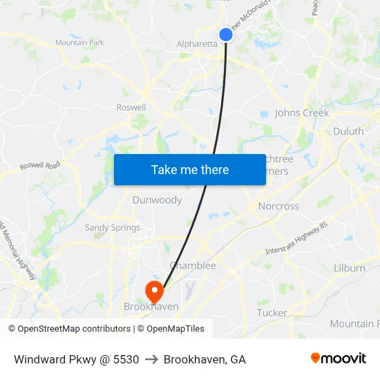 Windward Pkwy @ 5530 to Brookhaven, GA map