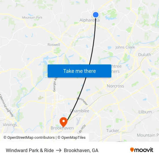 Windward Park & Ride to Brookhaven, GA map