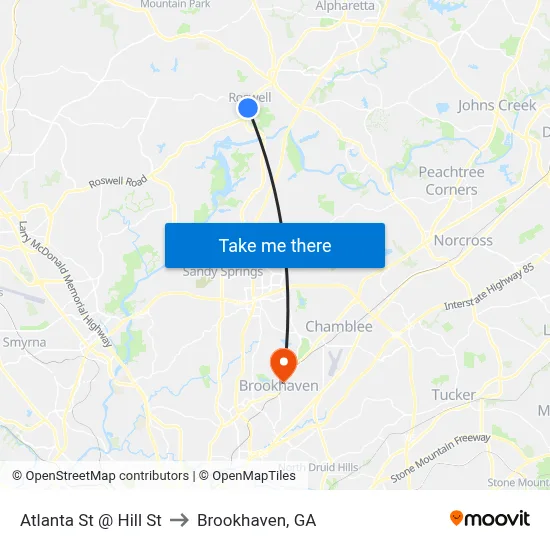 Atlanta St @ Hill St to Brookhaven, GA map