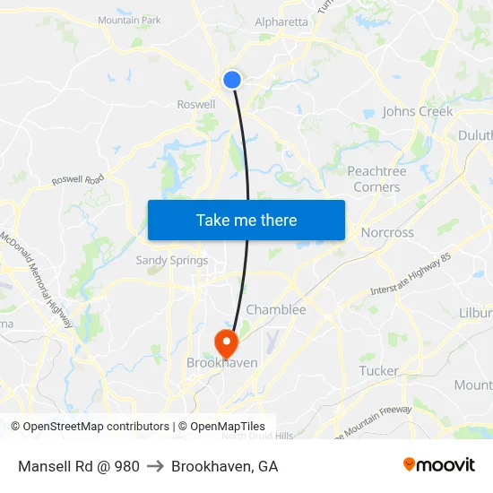 Mansell Rd @ 980 to Brookhaven, GA map