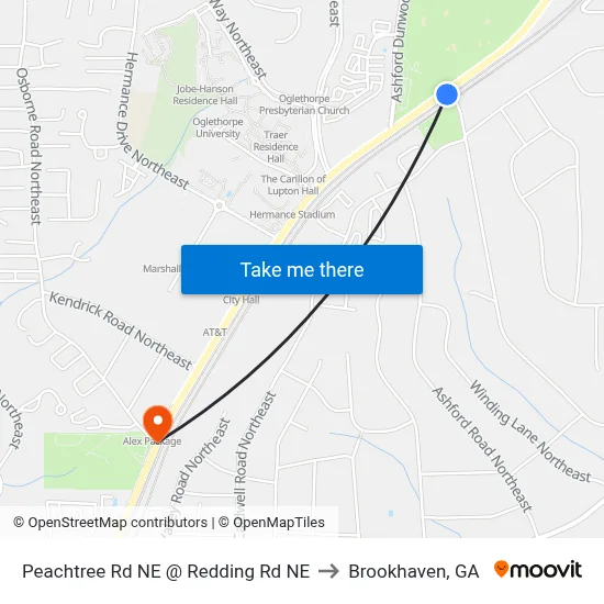 Peachtree Rd NE @ Redding Rd NE to Brookhaven, GA map