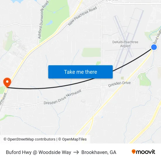 Buford Hwy @ Woodside Way to Brookhaven, GA map