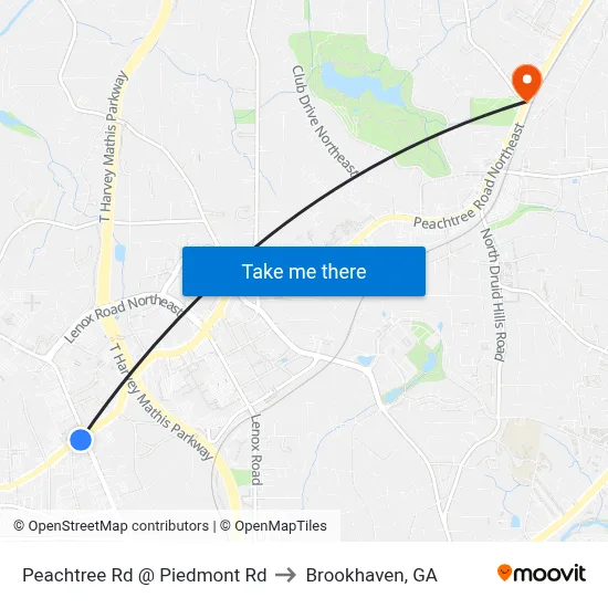Peachtree Rd @ Piedmont Rd to Brookhaven, GA map
