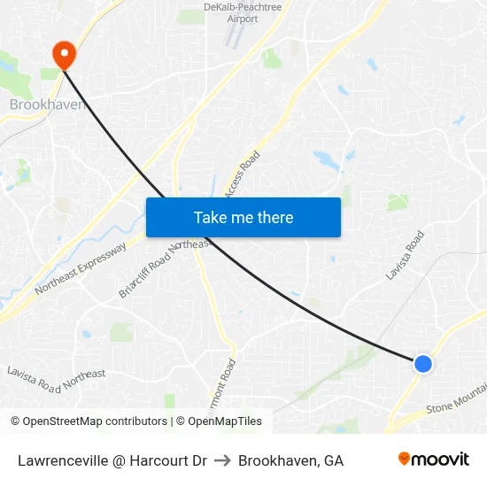 Lawrenceville @ Harcourt Dr to Brookhaven, GA map