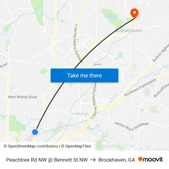 Peachtree Rd NW @ Bennett St NW to Brookhaven, GA map