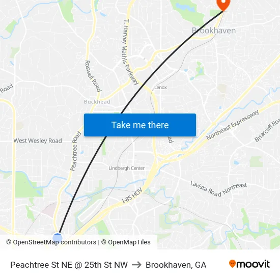 Peachtree St NE @ 25th St NW to Brookhaven, GA map