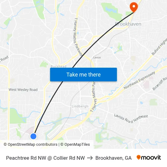 Peachtree Rd NW @ Collier Rd NW to Brookhaven, GA map