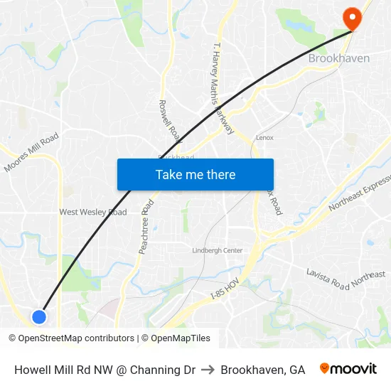 Howell Mill Rd NW @ Channing Dr to Brookhaven, GA map