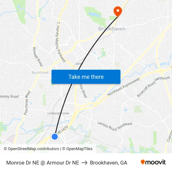 Monroe Dr NE @ Armour Dr NE to Brookhaven, GA map