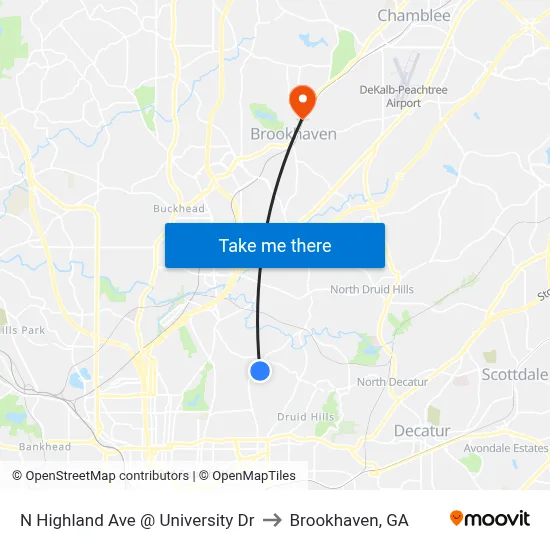 N Highland Ave @ University Dr to Brookhaven, GA map