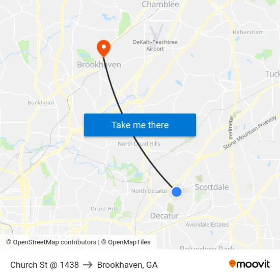 Church St @ 1438 to Brookhaven, GA map