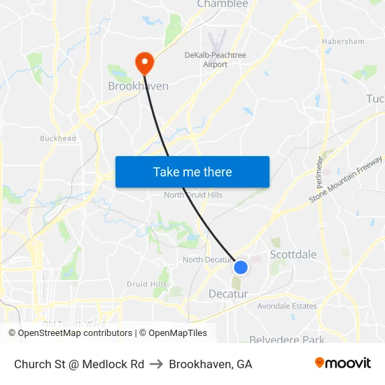 Church St @ Medlock Rd to Brookhaven, GA map