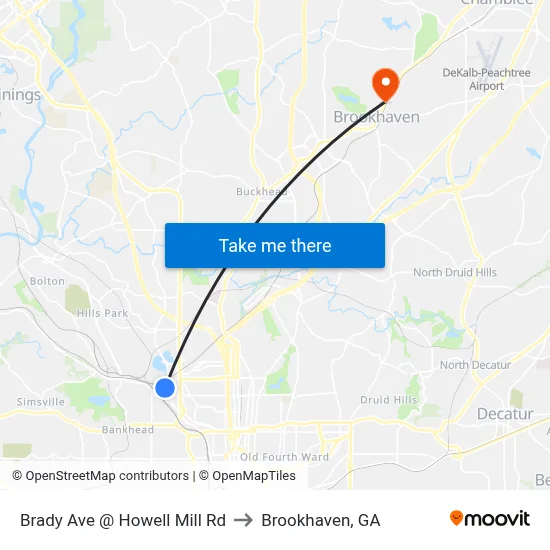 Brady Ave @ Howell Mill Rd to Brookhaven, GA map