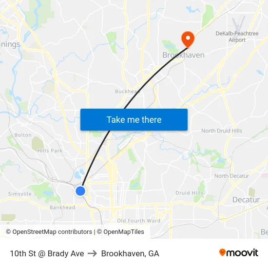 10th St @ Brady Ave to Brookhaven, GA map