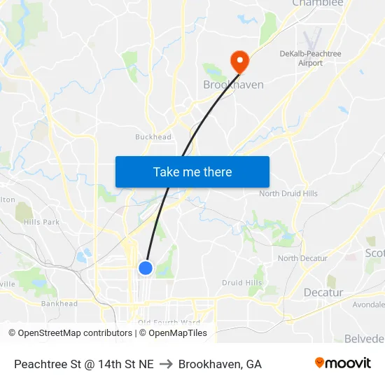 Peachtree St @ 14th St NE to Brookhaven, GA map