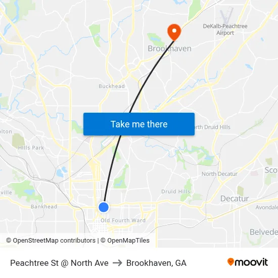 Peachtree St @ North Ave to Brookhaven, GA map