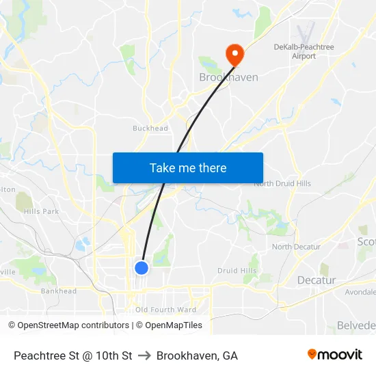 Peachtree St @ 10th St to Brookhaven, GA map