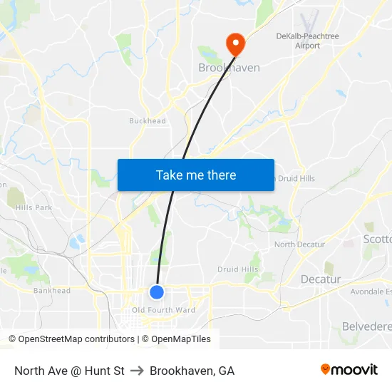 North Ave @ Hunt St to Brookhaven, GA map